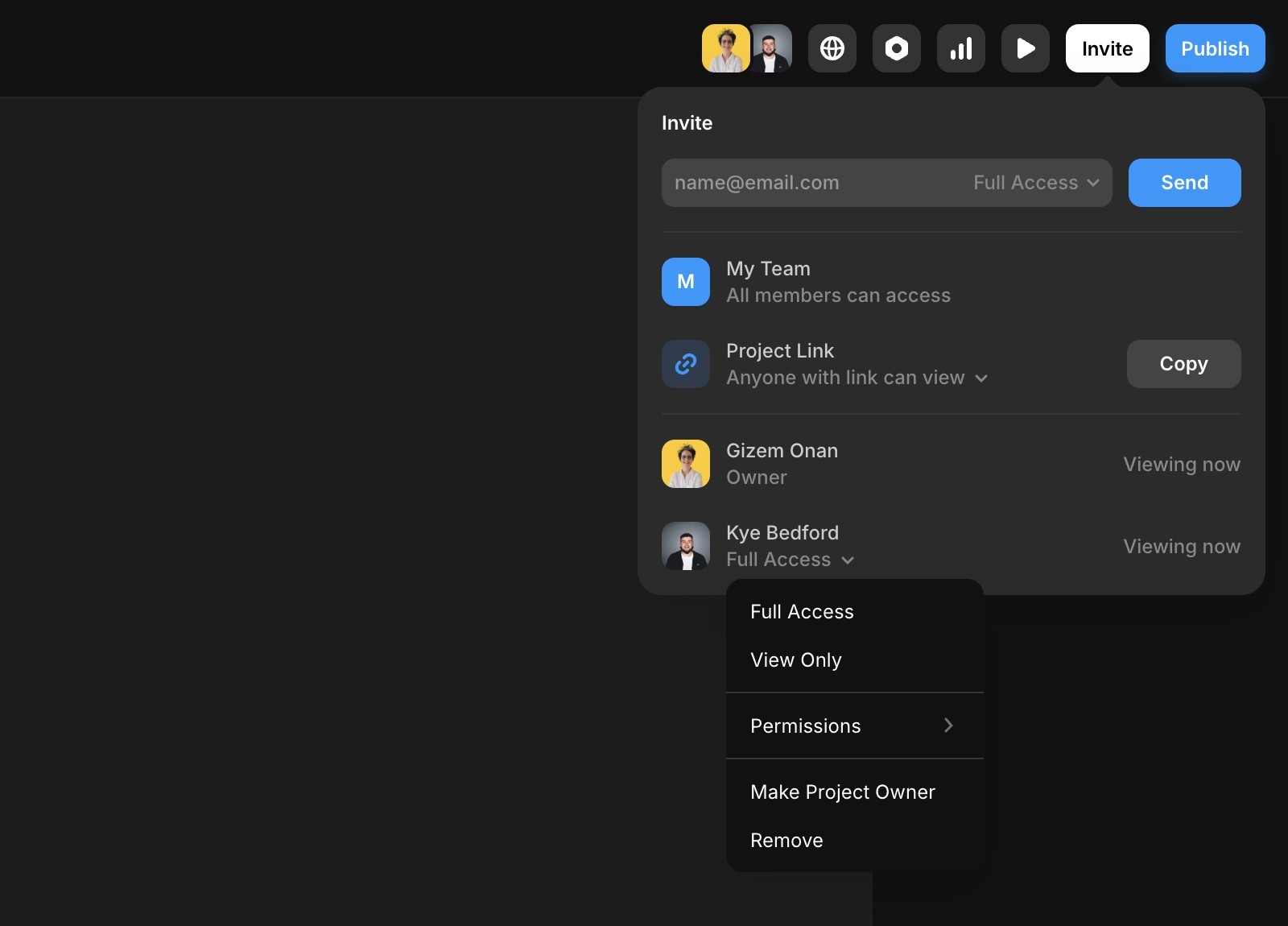 一个深色界面,显示项目的共享和权限面板。顶部的“邀请”部分包含一个电子邮件输入框、一个用于选择访问级别的下拉菜单以及一个蓝色的“发送”按钮。下方是共享选项,例如“我的团队”、“项目链接”(带“复制”按钮),以及协作者列表,包括Gizem Onan(所有者)和Kye Bedford(完全访问)。Kye Bedford的下拉菜单已打开,显示“完全访问”、“仅查看”和“移除”等选项。