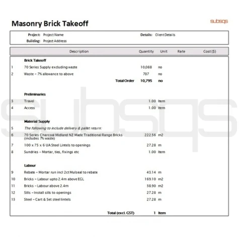 screenshot of final brick takeoff report with quantities using CostX software by SubsQS Ltd