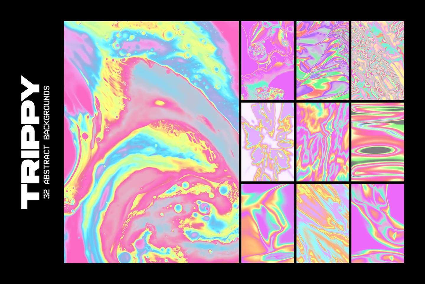 Thirty two abstract backgrounds featuring trippy liquid marble patterns in pink yellow and blue colors
