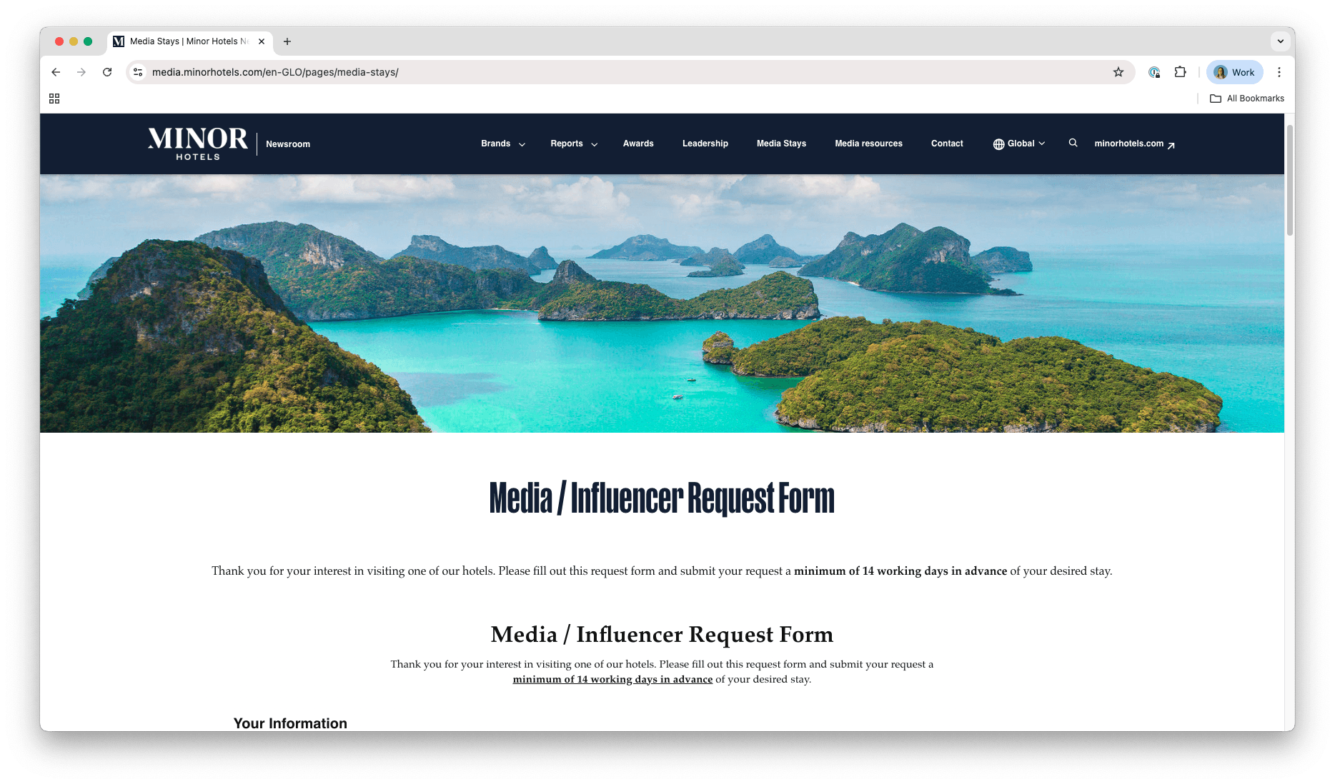 Screenshot of Minor Hotels' online newsroom