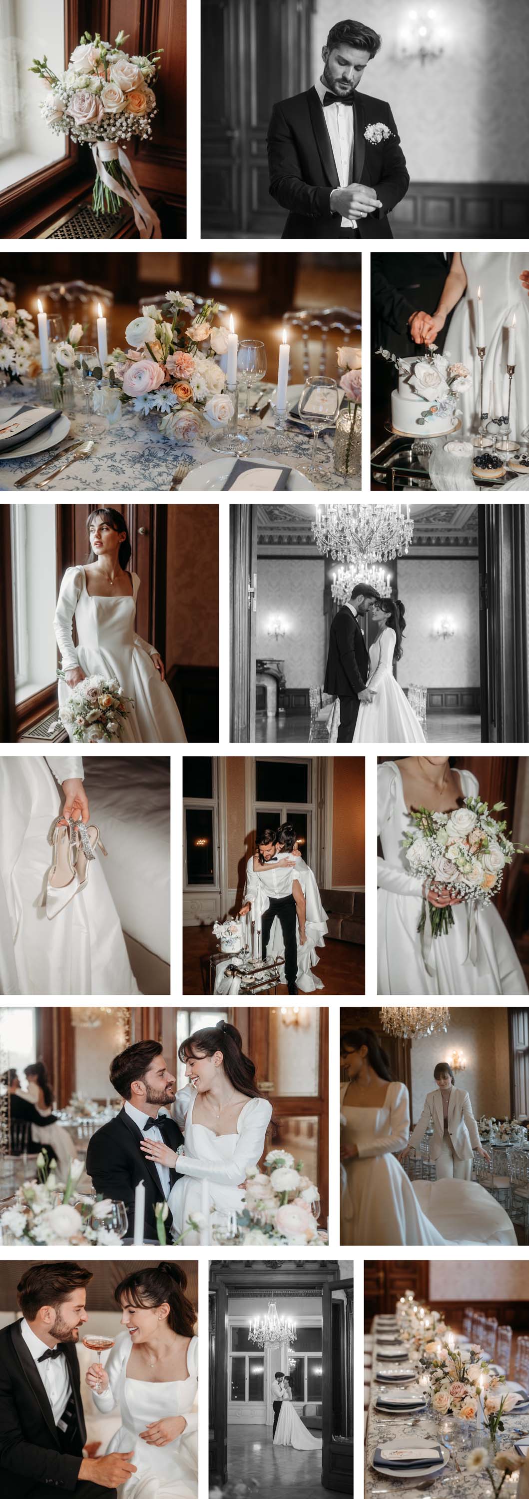 Collage einer romantischen Hochzeit in apricot und blauen Farben in einem Wiener Hotel.