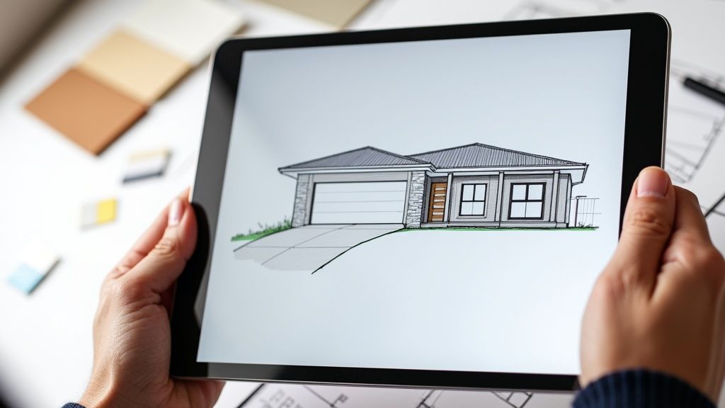 Hands holding a tablet displaying a modern single-story house elevation design.