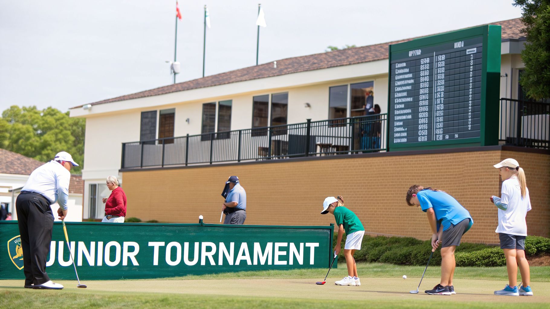 Adults and children play golf at a junior tournament with a large scoreboard and clubhouse in the background.