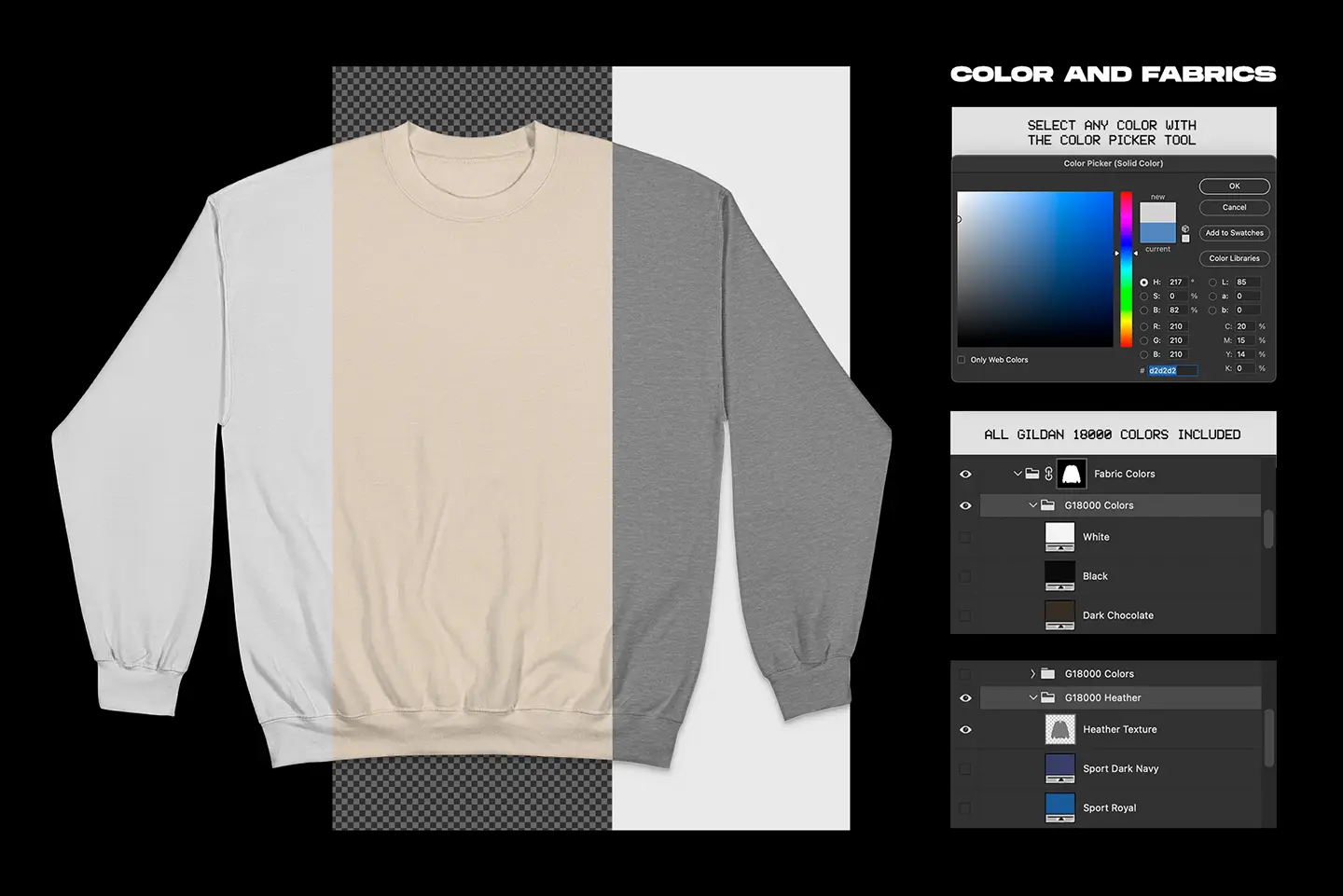 Gildan 18000 Crewneck Folded Arms mockup fabric color options with Photoshop controls