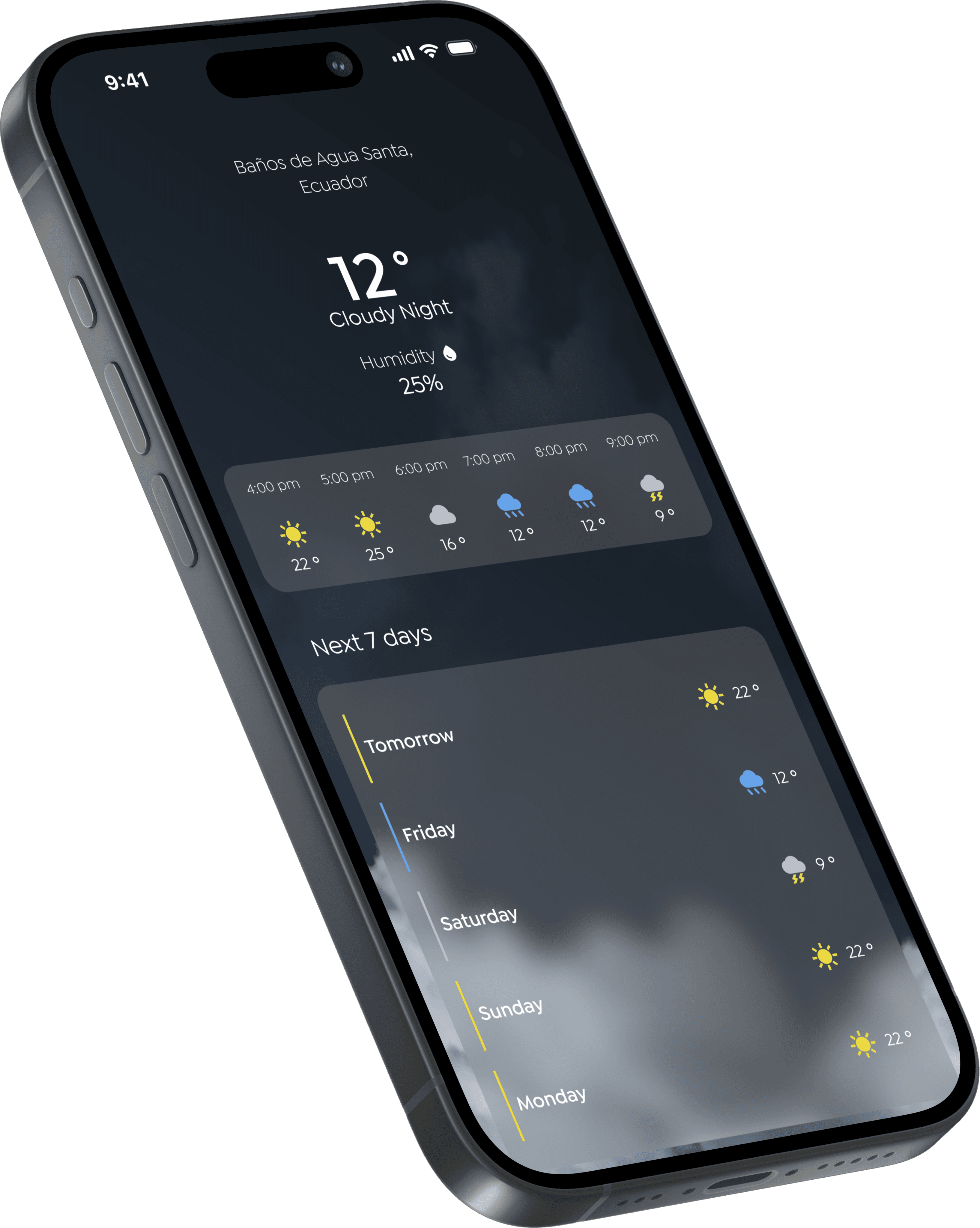 Dark mode weather app screen showing temperature, humidity, hourly forecast, and seven-day forecast for Baños de Agua Santa, Ecuador.