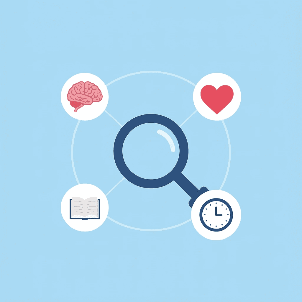  Network diagram showing self-discovery at the center connected to identity awareness, emotional intelligence, social development, and self-awareness
