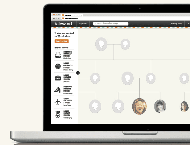 A laptop screen displays a Talewind website, featuring a family tree diagram with profile pictures and names. The left side lists categories like "Expert on Birthday Stories," "Sports on Sports Stories," "Expert on Work Stories," "Fashion Stories," "Expert on Travel Stories," and "Expert on War Stories." The right side shows a search bar and a "Family map" button. The laptop is positioned on a light-colored surface.