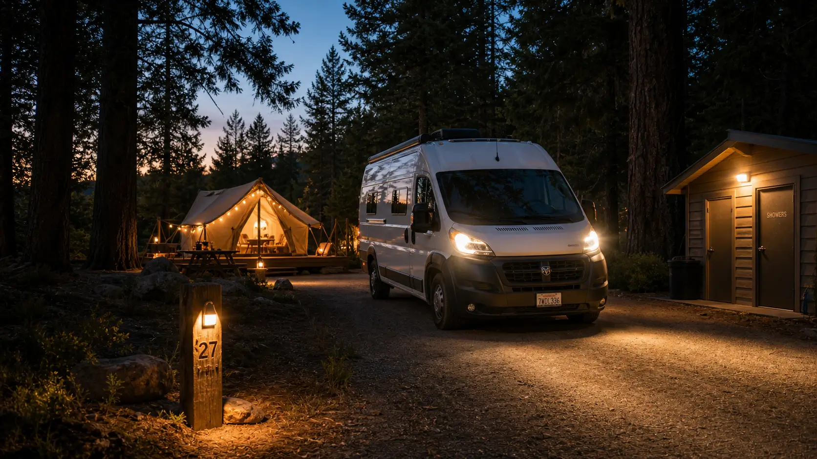 Camper arriving at a dusk campsite beside a lit site post and shower block.