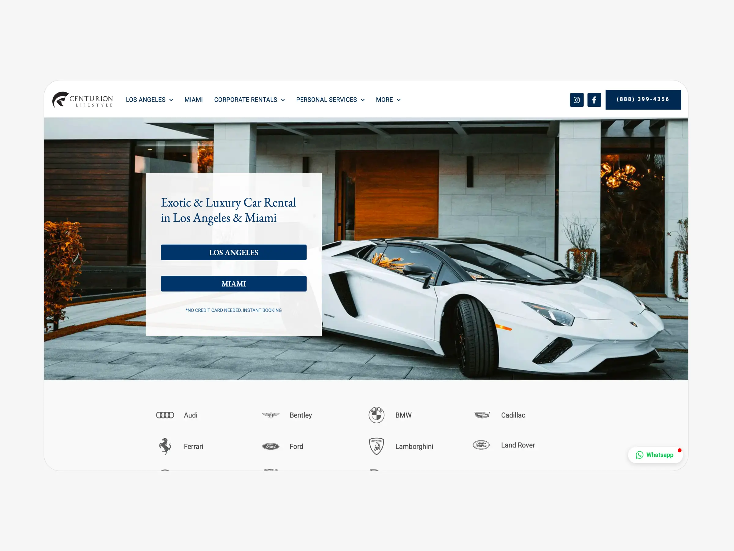 Centurion Lifestyle car rental website homepage highlighting vehicle selection and contact options