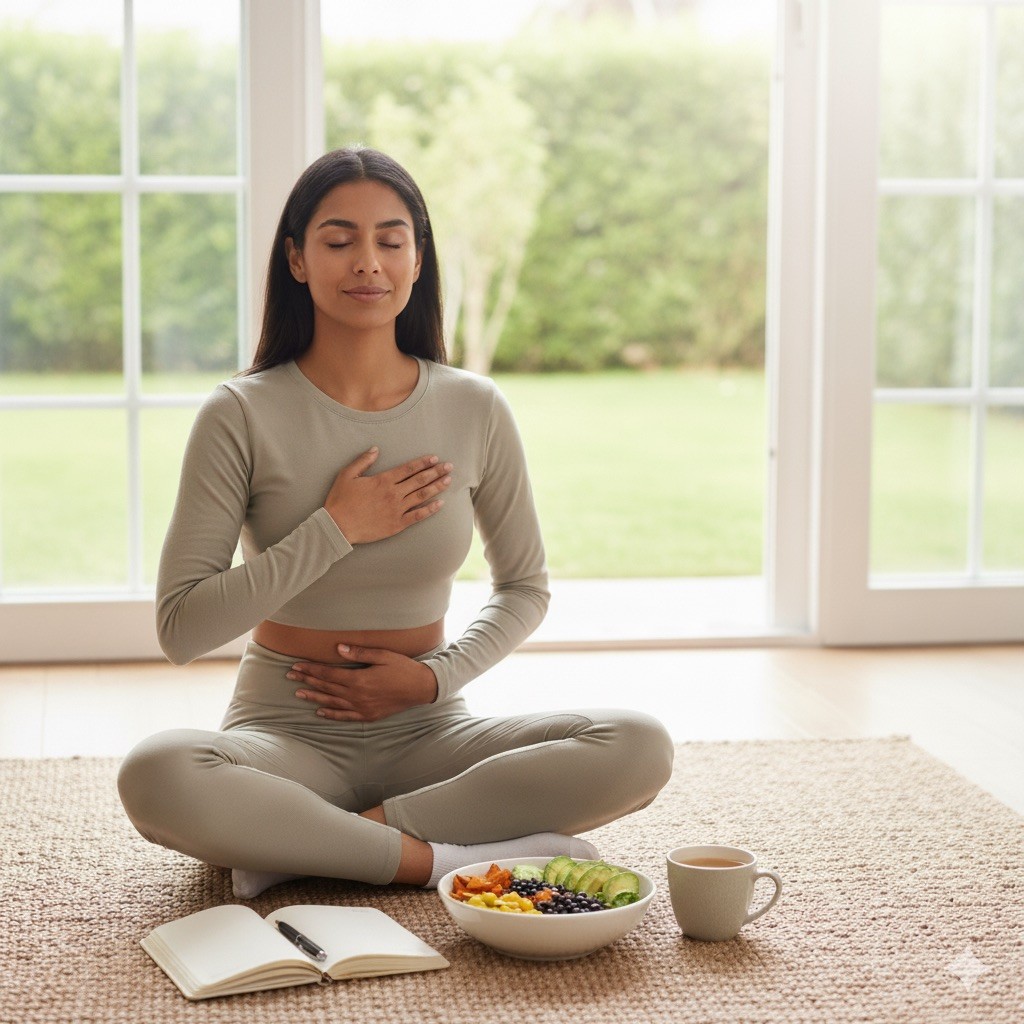 A woman receives a relaxing energy healing in a serene setting with soft lighting.