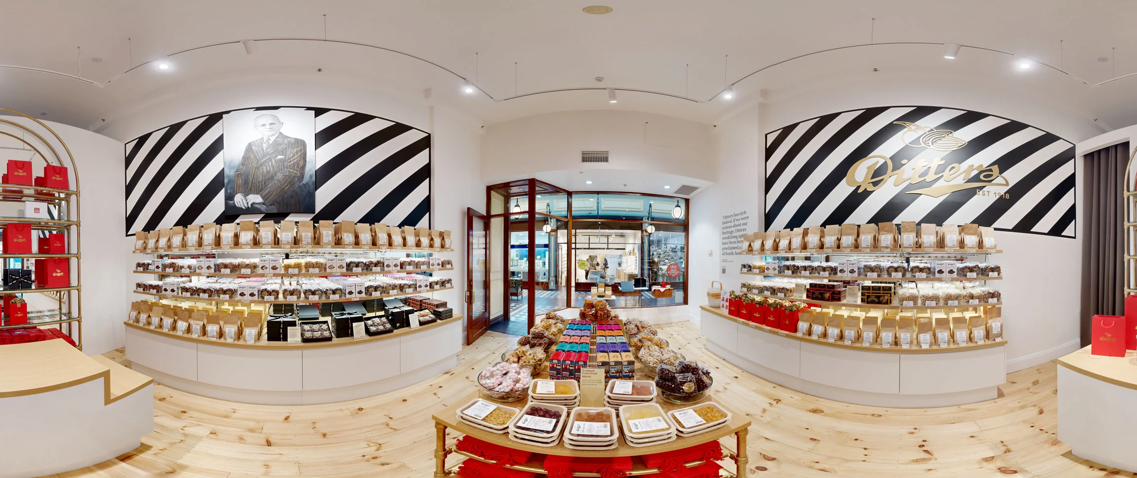 A wide panoramic 3D spatial data capture of Ditters Nuts inside the historic Adelaide Arcade, demonstrating premium commercial retail merchandising and global e-commerce capabilities.
