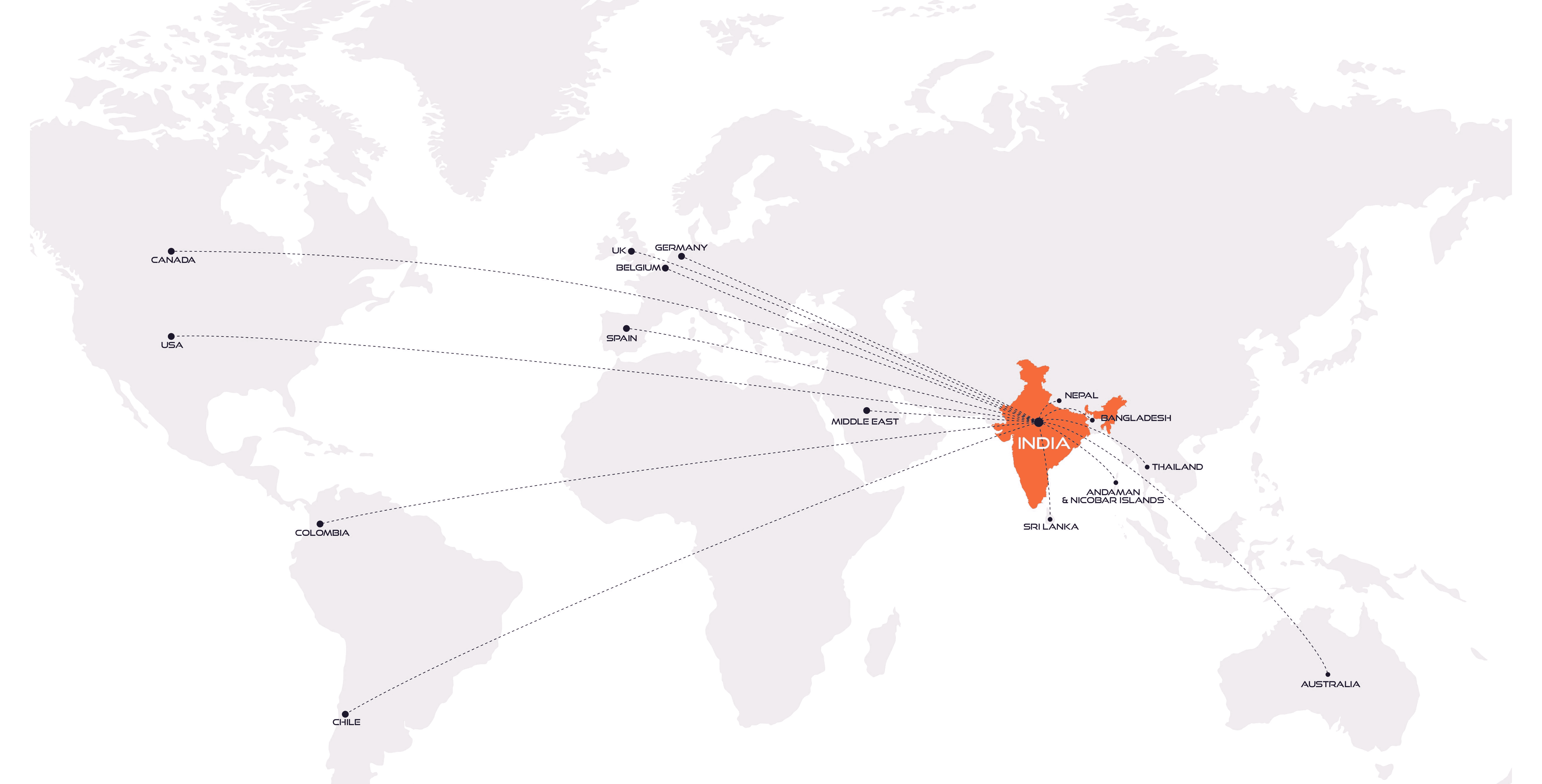 World map highlighting Incalo’s global supply network for aluminium coils, roofing sheets and coated aluminium products.
