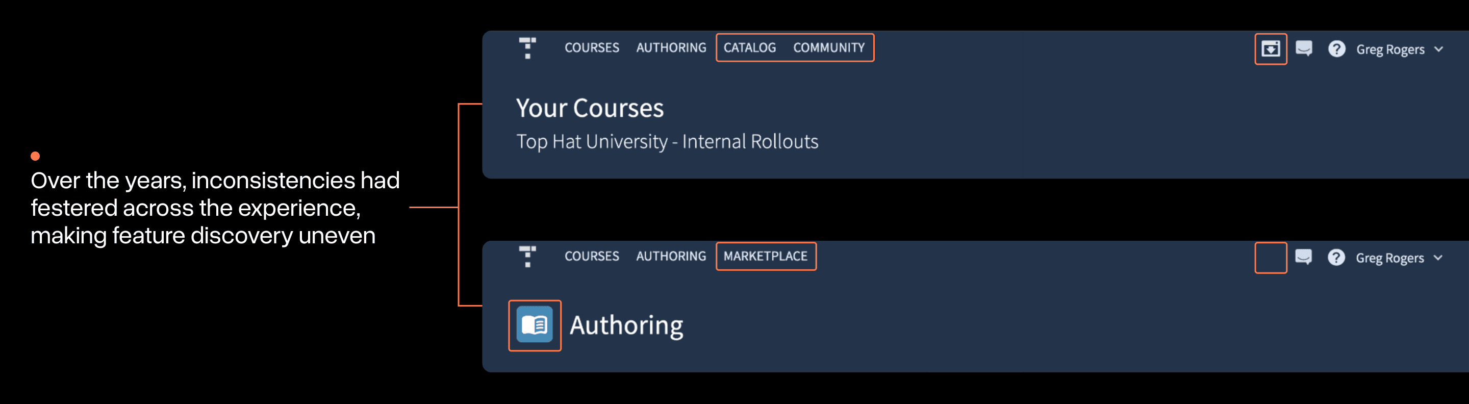 Selection of images of the old navigation showing additional inconsistencies.