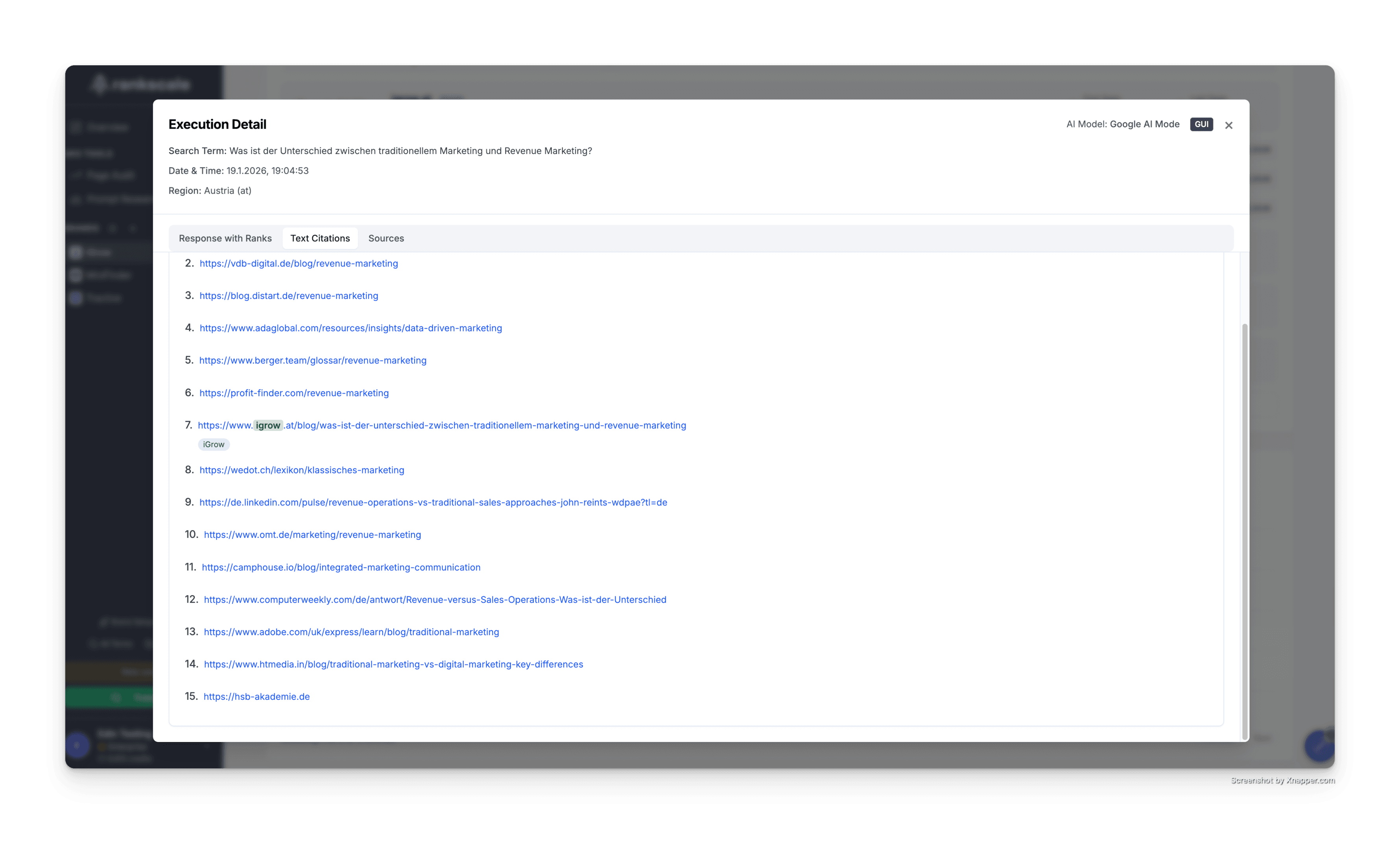 Execution Details RankScale zum Artikel Revenue Marketing und der URL von igrow.at