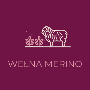 Ilustracja owcy Merino oraz napis 'Wełna Merino' na bordowym tle, podkreślająca naturalne materiały.