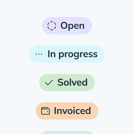 Colorful badges representing different statuses such as Open, In Progress, Resolved, and others.