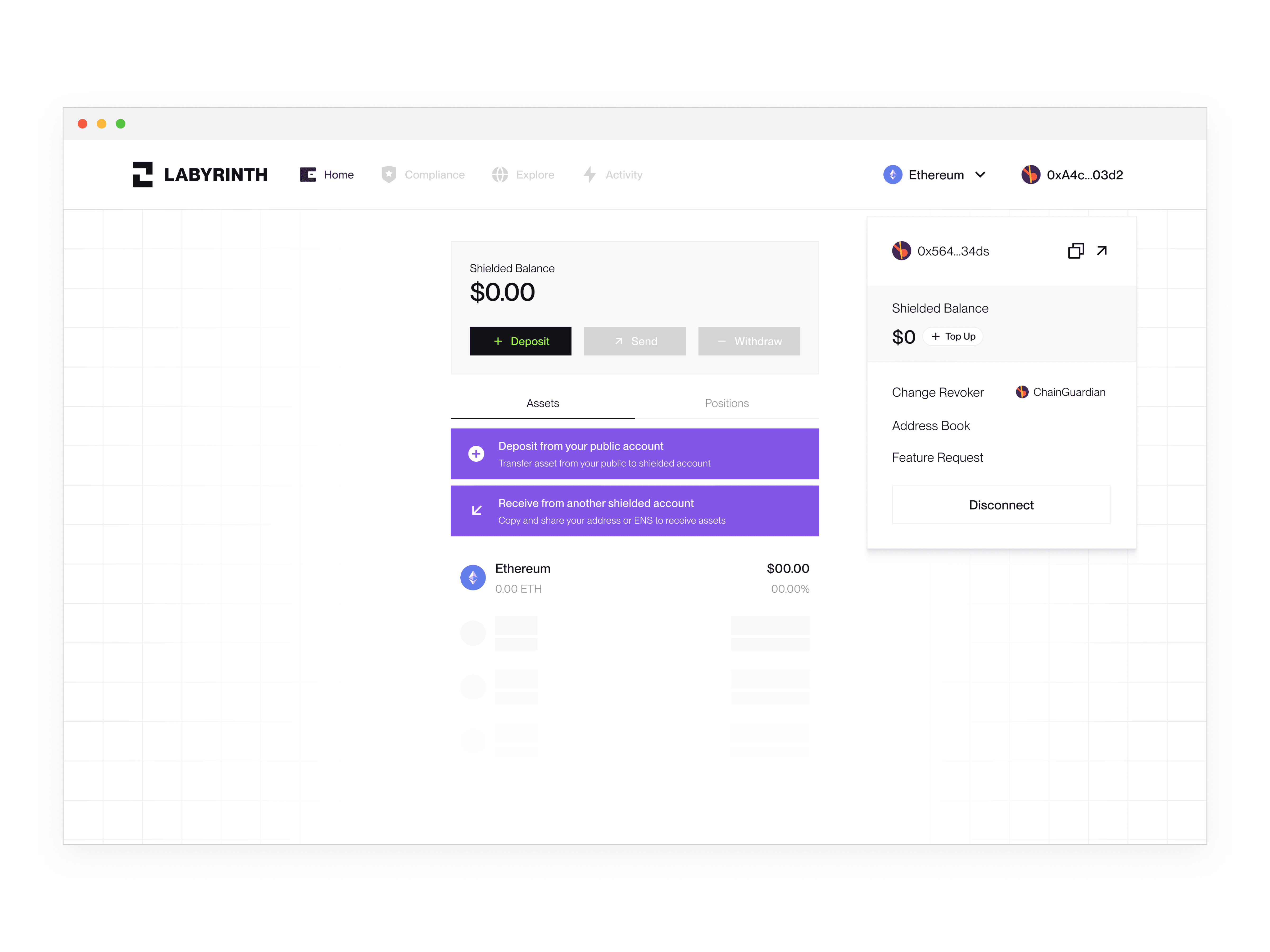 Labyrinth privacy wallet showing shielded balance at zero with options to deposit from public account or receive from another shielded account, along with revoker and address book settings