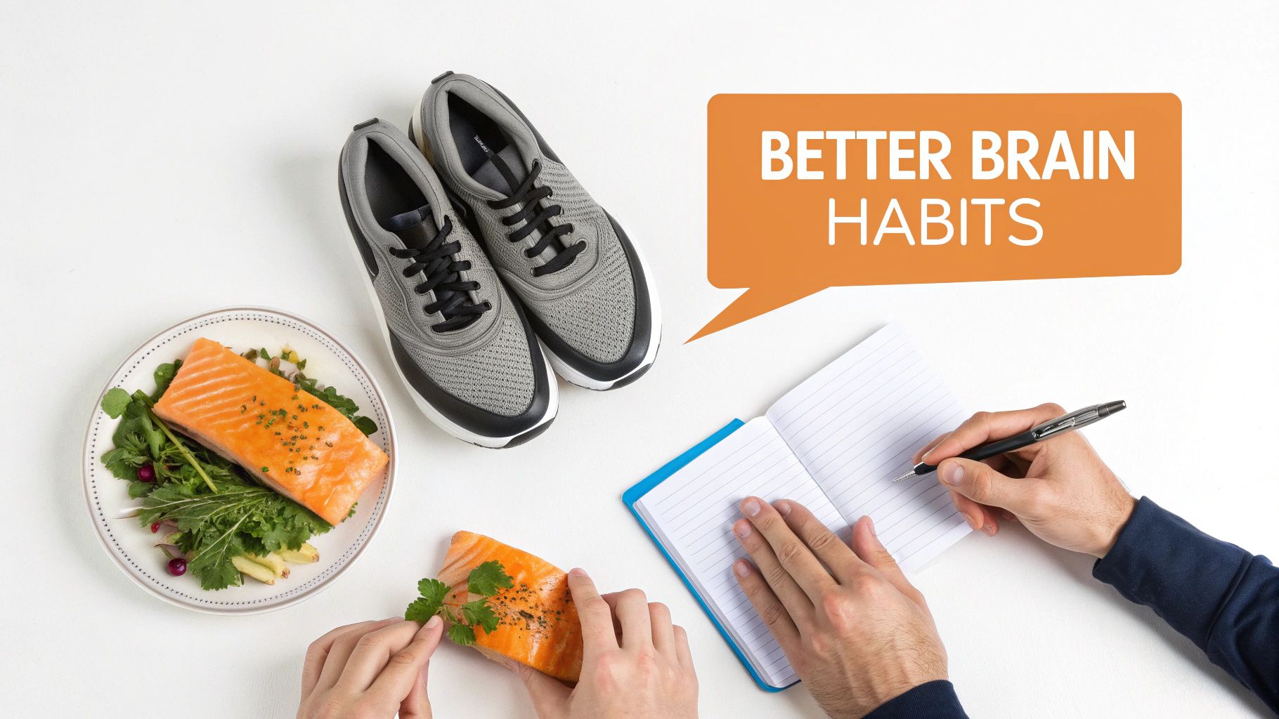 Healthy brain habits concept with salmon meal, running shoes, and person writing in notebook