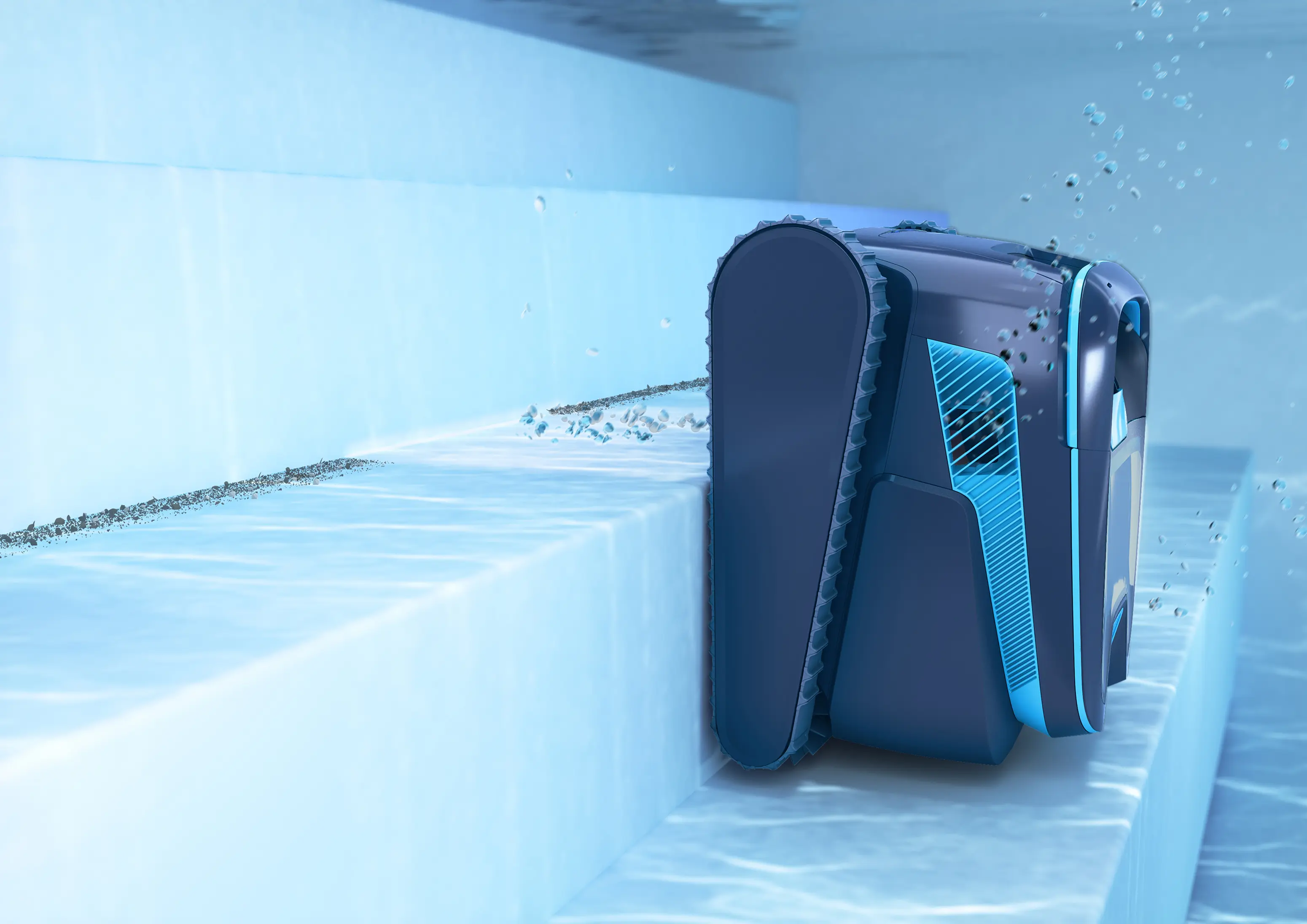 A close up of a robotic pool cleaner cleaning pool steps underwater