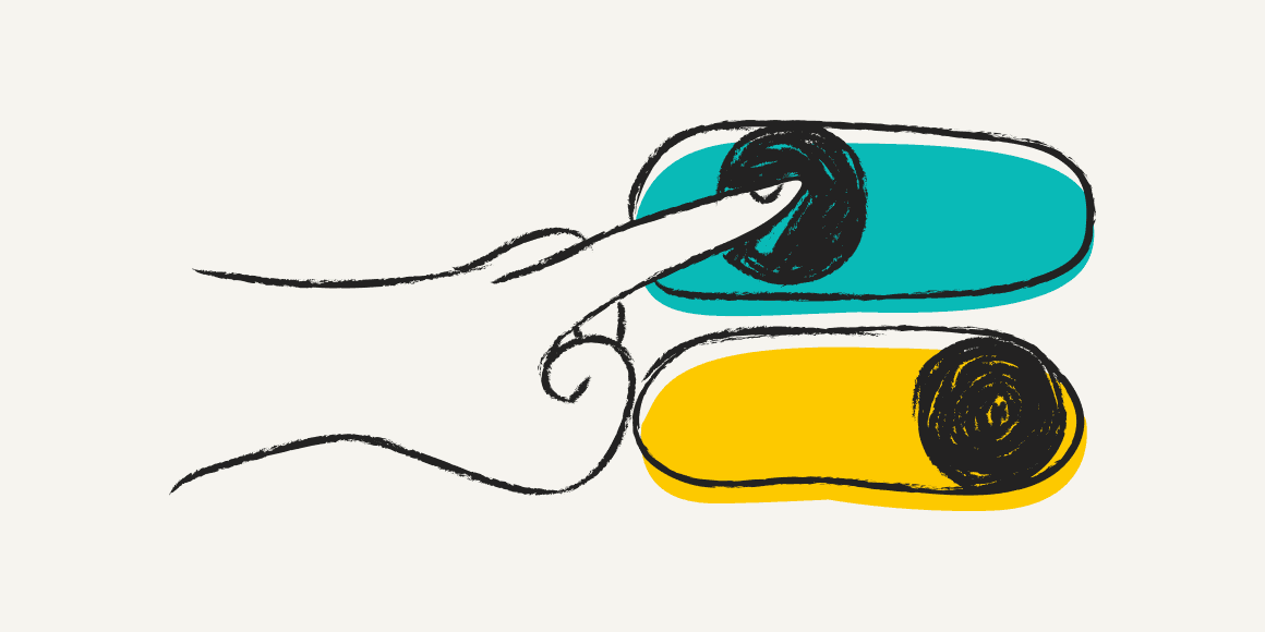 Illustration of a hand choosing between two toggle options in teal and yellow