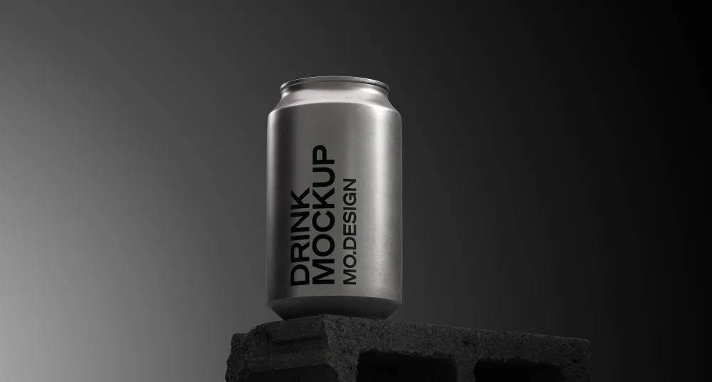 Aluminum drink can mockup displayed on a textured concrete block against a dark gradient background, showcasing a sleek, modern design with minimalistic branding.