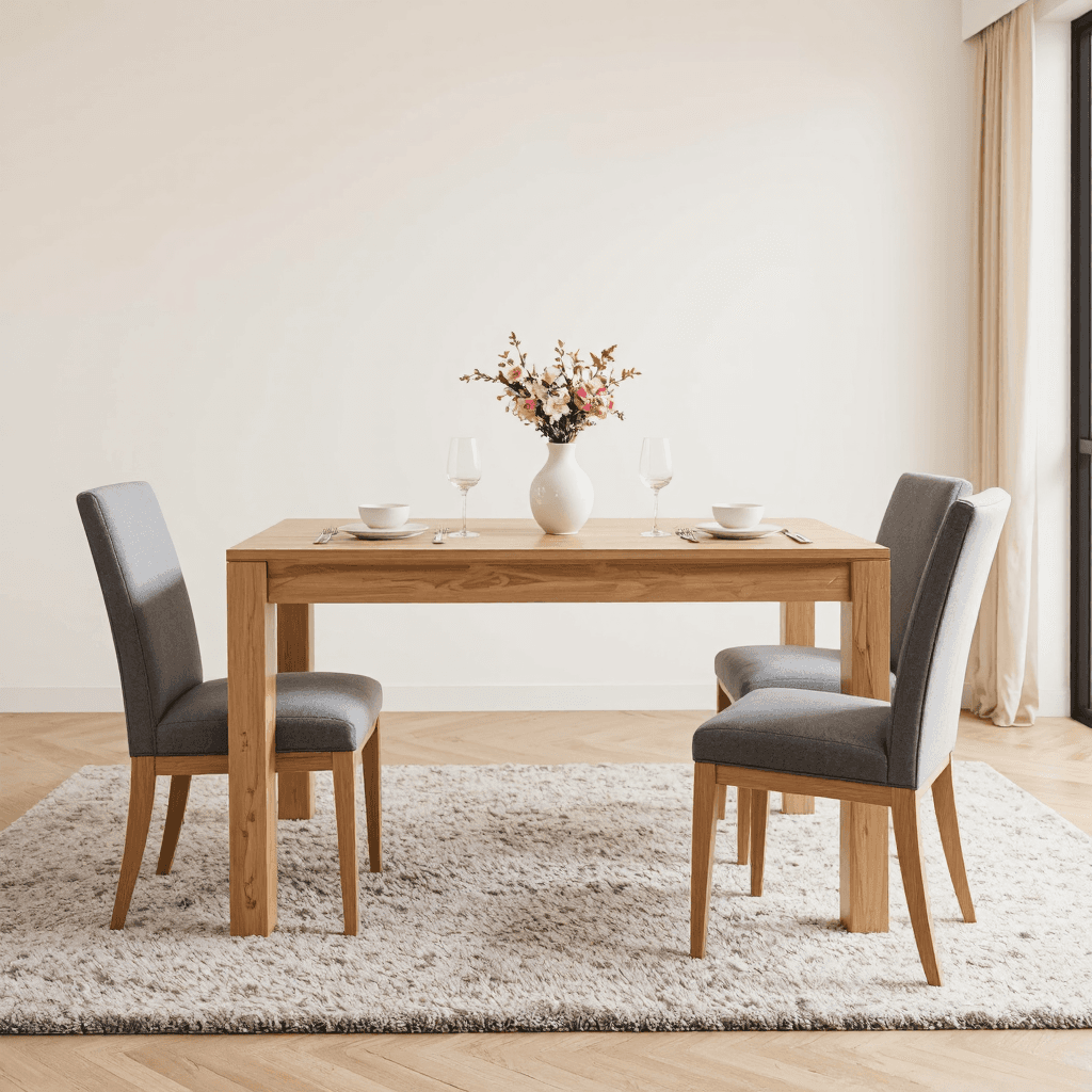 product photography of a dining table set with four chairs, suitable for home use