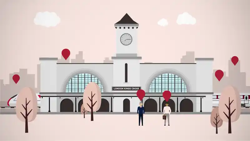 Illustrated animation showing London King’s Cross station with stylised LNER colleagues marked on a map using location pins.