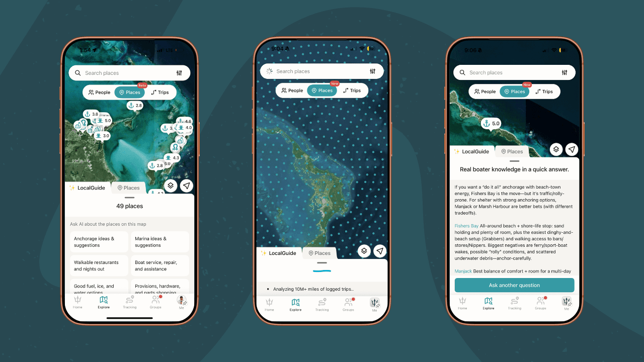 Three SeaPeople app screens showing AI-powered Local Guide answers and destination insights based on real boater knowledge.