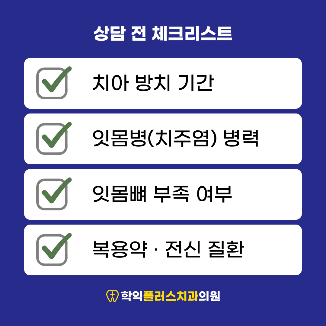 상담 전 떠올려 둘 것 — 방치 기간·치주염 병력·잇몸뼈·복용약 4항목
