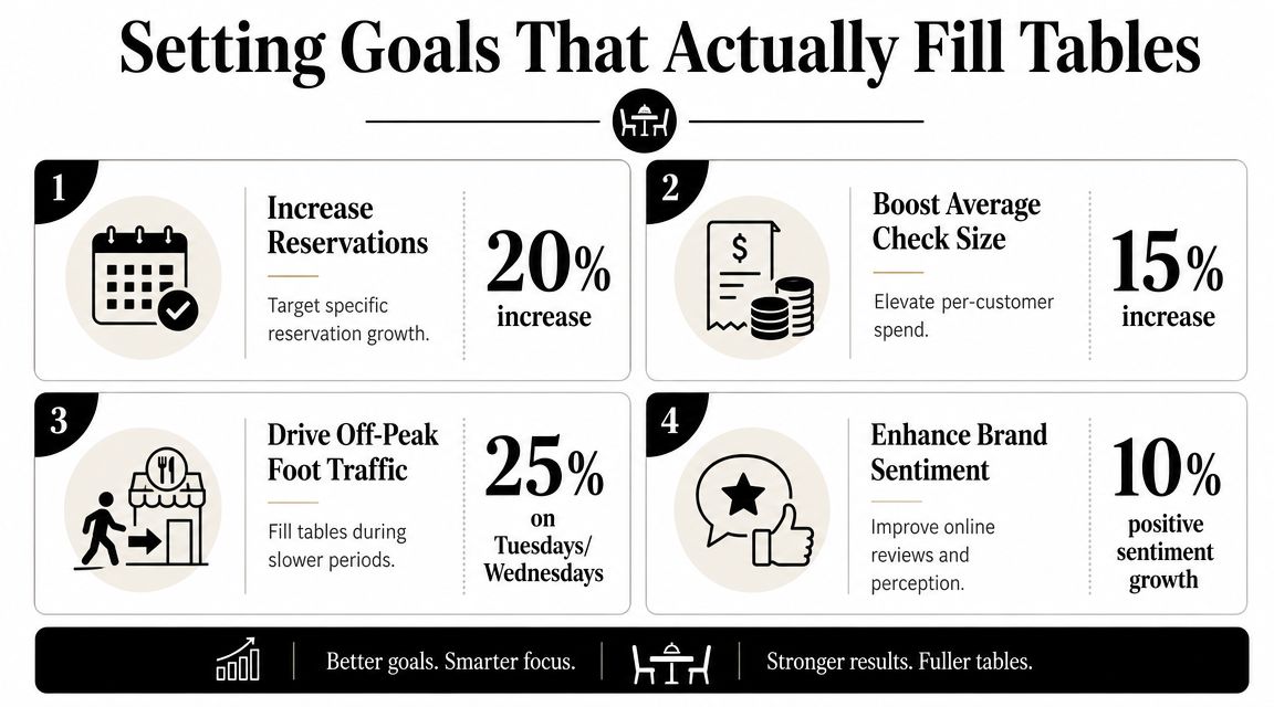 An infographic titled Setting Goals That Actually Fill Tables outlining four key business objectives for restaurant growth.