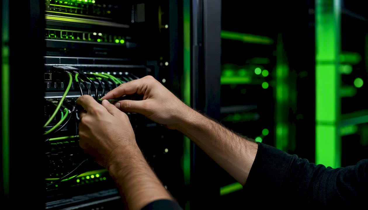 Hands installing network cables in Dubai tech studio