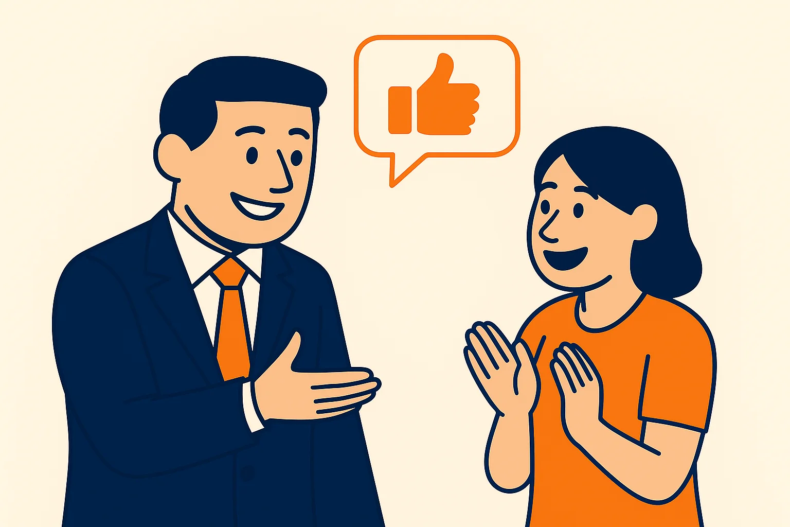 businessman-and-woman-smiling-and-talking-with-a-thumbs-up-speech-bubble-representing-positive-customer-profiling-and-segmentation-conversation