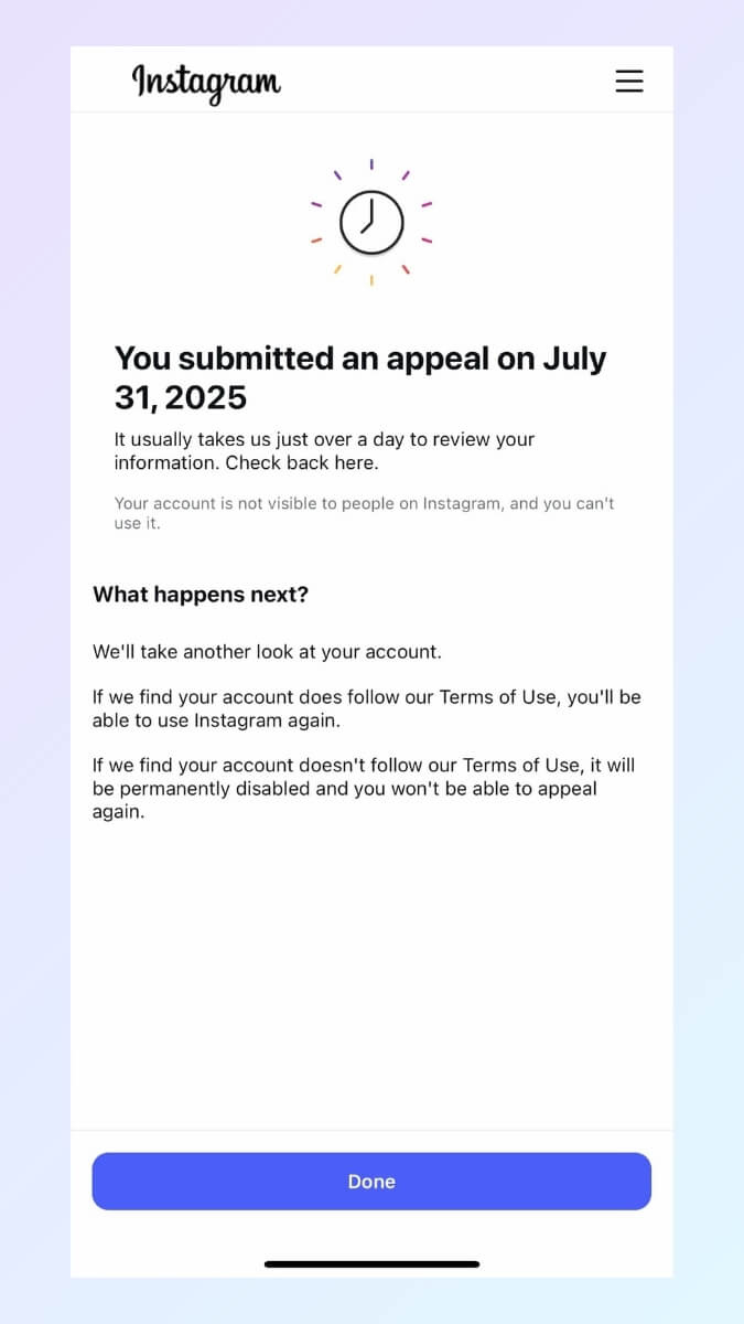 standard in app appeal submission notification-instagram account disabled
