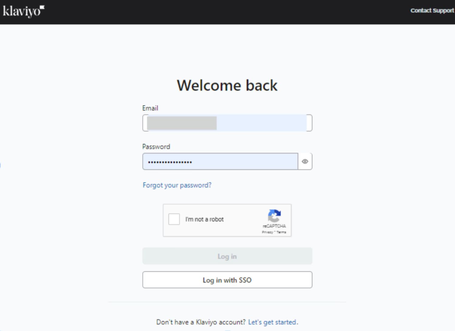 Log in to Your Klaviyo Account: A Klaviyo login page requiring email, password, and CAPTCHA verification.