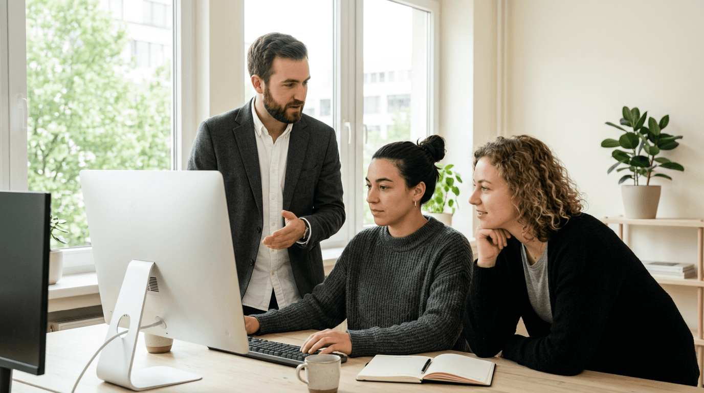 Three people working at a desk with a computer.
