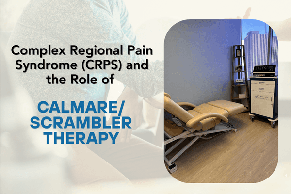 Image of a calmare scrambler therapy machine in an office with a chair and text 'complex regional pain syndrome (CRPS) and the role of Calmare/Scrambler Therapy'