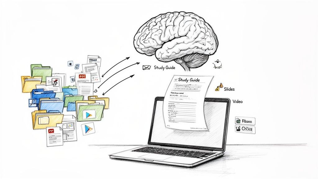 A brain synthesizes diverse study materials, including documents, slides, and videos, into a digital study guide on a laptop.