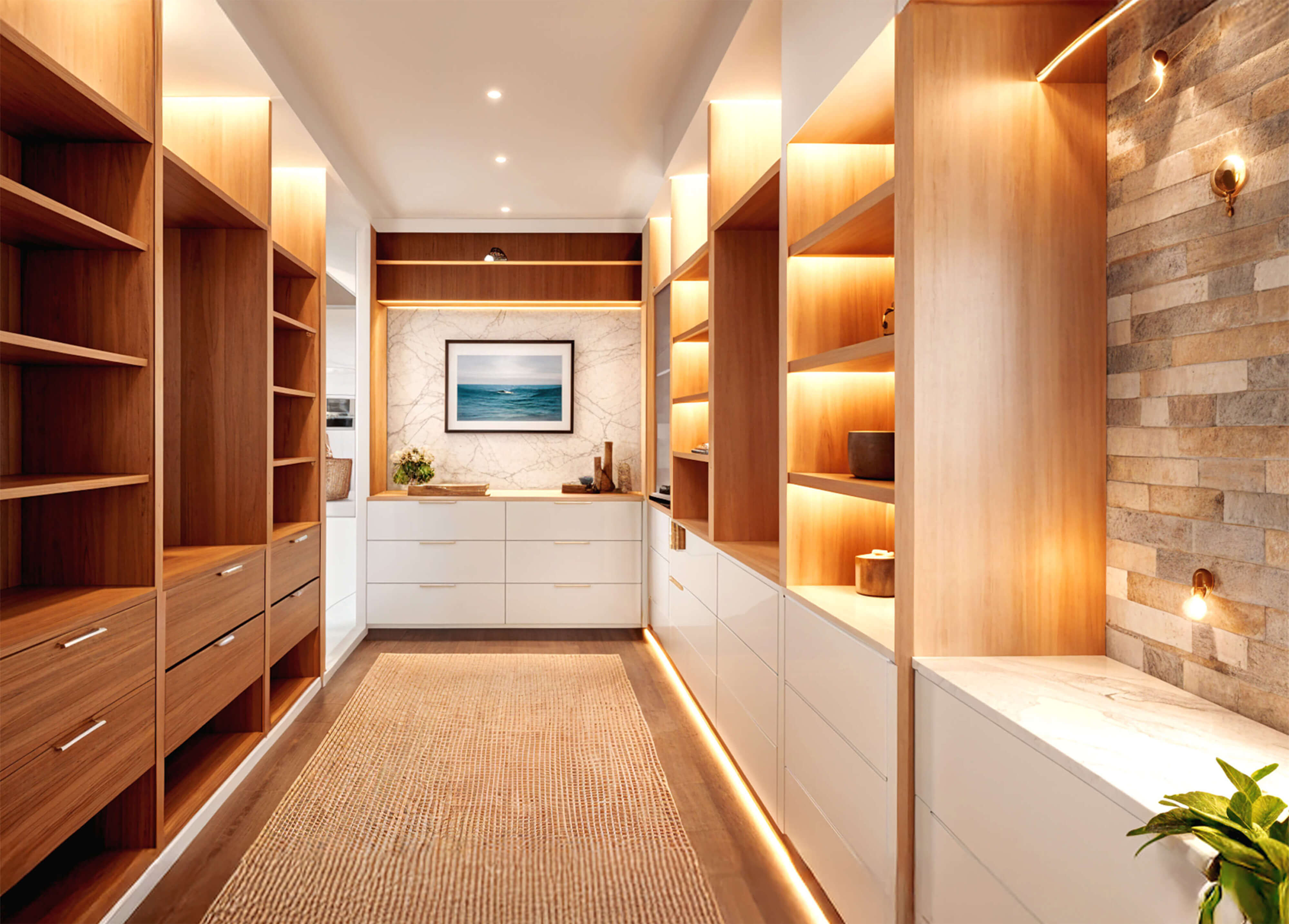 A luxurious walk-in closet with warm wood cabinetry, soft backlit shelves, and coastal artwork for an elegant, calming feel.