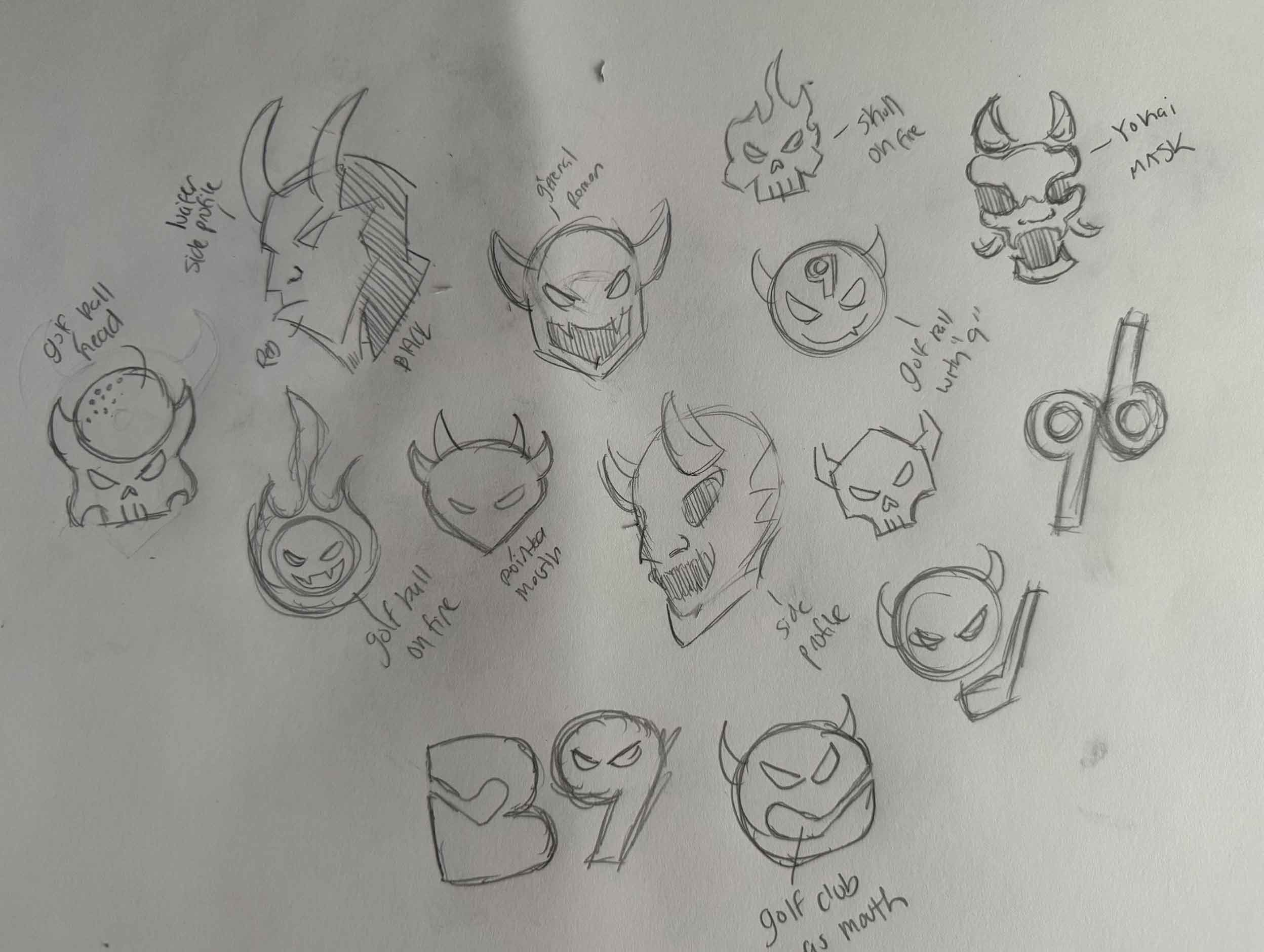 Sheet of hand-drawn pencil sketches exploring devil, skull, and horn concepts for the Back9Demon logo