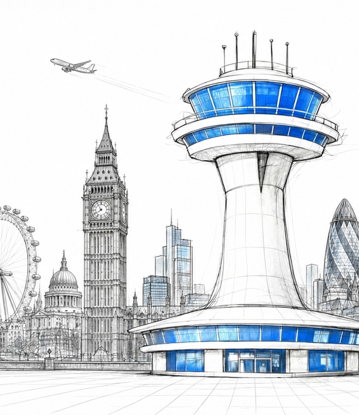 Illustration of a futuristic cityscape with landmarks like Big Ben, London Eye, a modern control tower, and airplane in flight. Sketched in monochrome, blue accents.