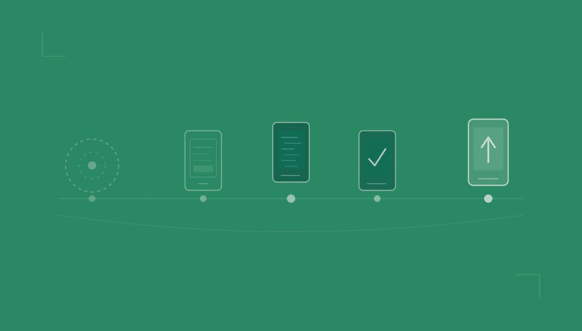 Minimalist green illustration showing icons of smartphones and process steps along a curved line, symbolizing the full mobile app design and development journey from idea to launch.