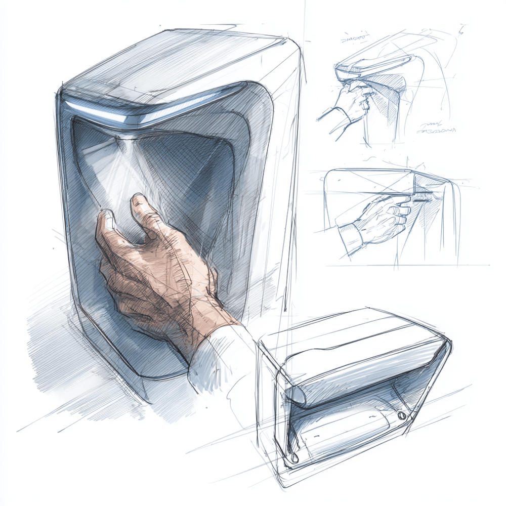 Skizze eines Gerätes mit einer Hand, die in das Gerät gehalten wird, sowie zwei kleinere Detailzeichnungen der Bedienung von oben und von der Seite