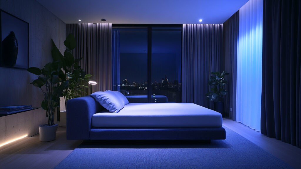 A modern bedroom designed for optimal sleep health, featuring a minimalist bed and calming blue lighting. This serene environment emphasizes the importance of creating a sleep-friendly space to enhance recovery and performance for high-performance athletes.