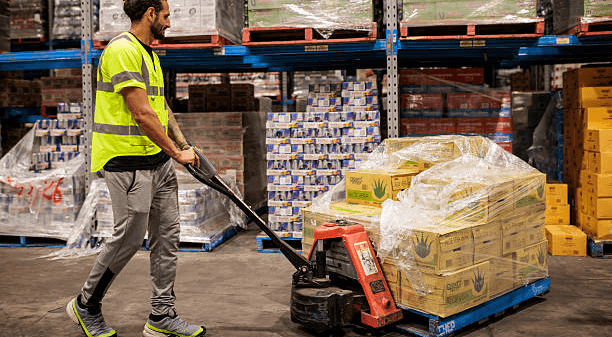 image of a man wearing high vis operating a pump truck with a pallet of goods on it