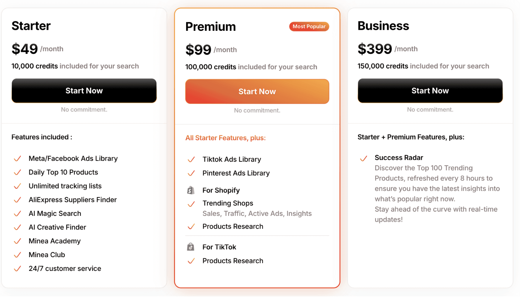 Minea pricing plans showing Starter, Premium, and Business options