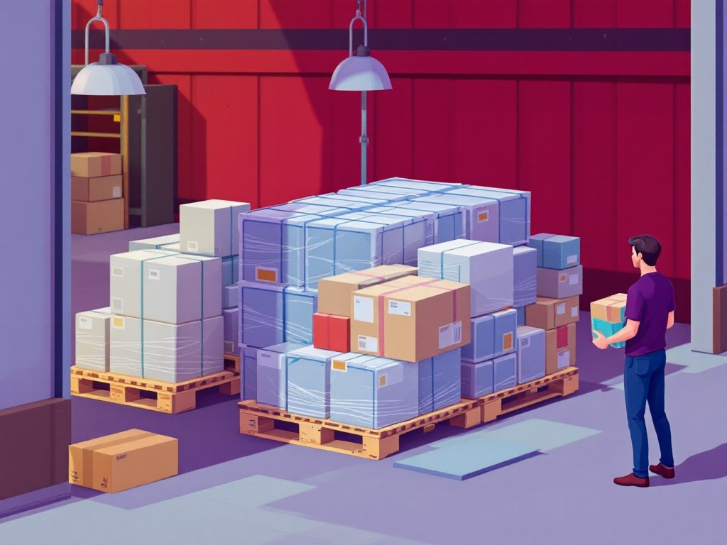 A man carries a box in a warehouse with boxes stacked on pallets.