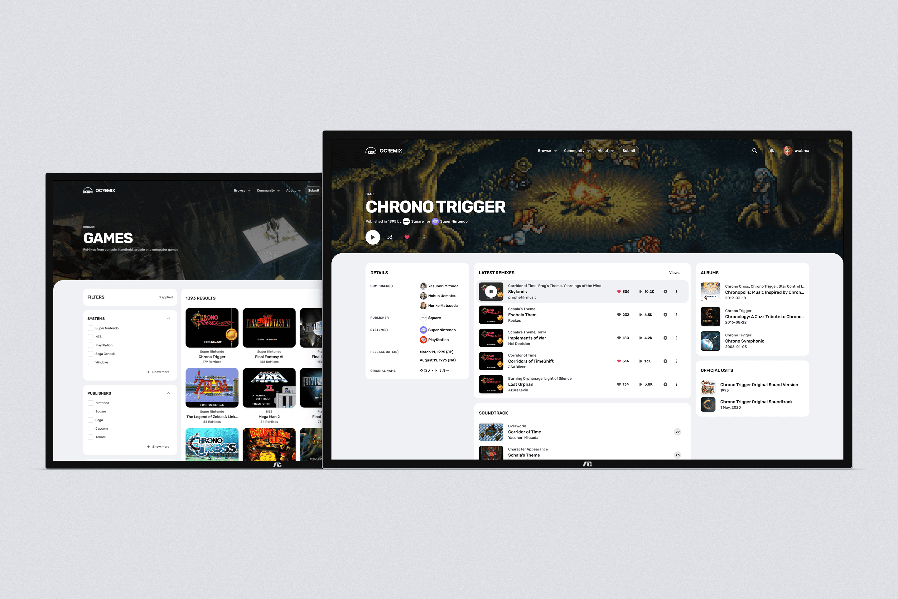 Two landing pages shown, one being the game Chrono Trigger and the other being the top-level Games page.