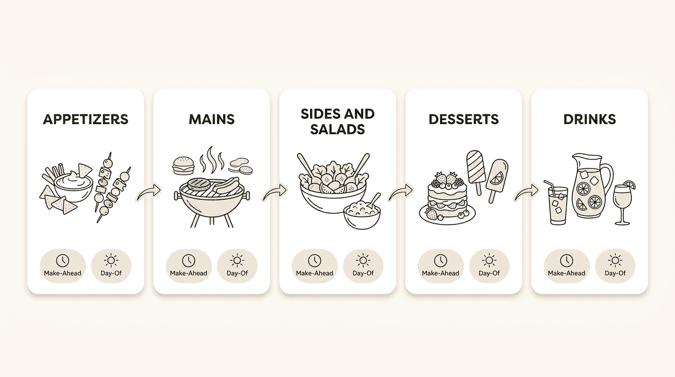 4th of July menu planning infographic with five sections from appetizers to drinks