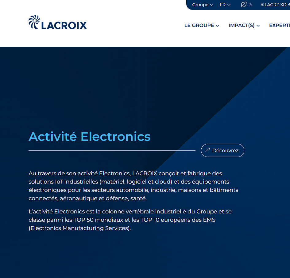 Une section de contenus présentant deux activités principales, présente sur le nouveau site internet du Groupe Lacroix, réalisée dans le cadre d'un projet d'ux/ui design à nantes