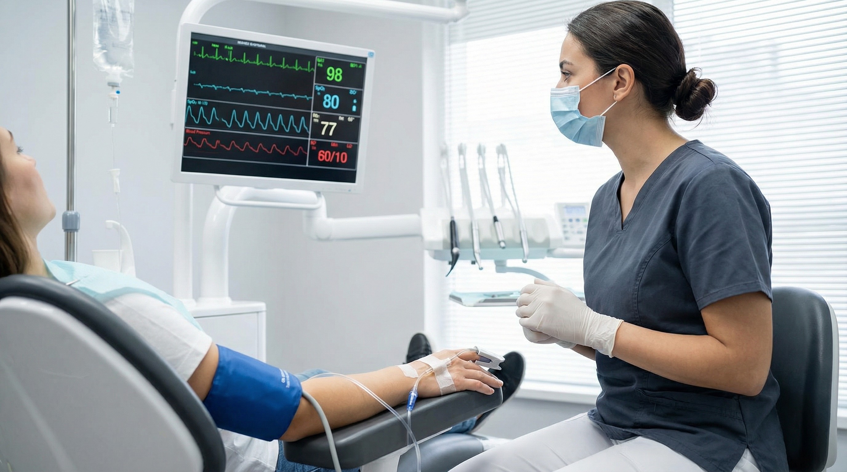 IV sedation setup showing pulse oximeter, blood pressure monitoring, and vital signs equipment for safe patient care